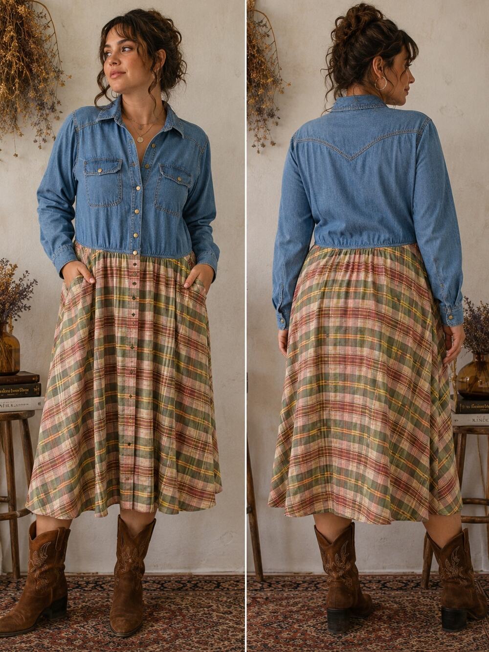 Vintage J.R.T. Denim Plaid Midi Dress Size 14 Western Cottagecore Prairie Button